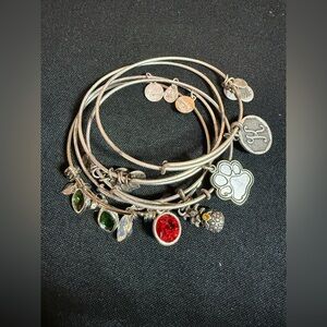 Lot of 5 Alex & Ani silver charm bangle bracelets- Dog Paw- K - Pineapple-Stones